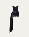 Alex Perry Strapless Corset Satin Mini Dress With Draped Panel In Navy