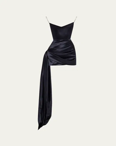 Alex Perry Strapless Corset Satin Mini Dress With Draped Panel In Navy