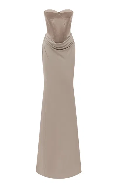 Alex Perry Strapless Cupped Draped Duchess Satin Jersey Gown In Brown