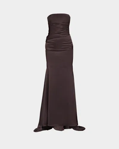 Alex Perry Strapless Drape Gown In Satin Crepe In Brown