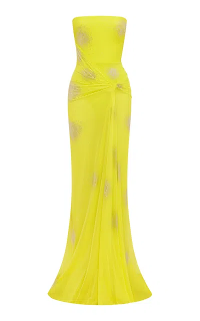 Alex Perry Strapless Draped Crystal Mesh Gown In Yellow