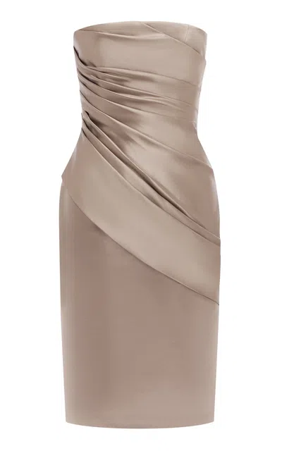 Alex Perry Strapless Draped Dutchess Satin Georgette Mini Dress In Brown