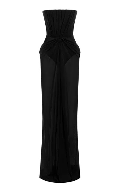 Alex Perry Strapless Draped Powermesh Column Gown In Black