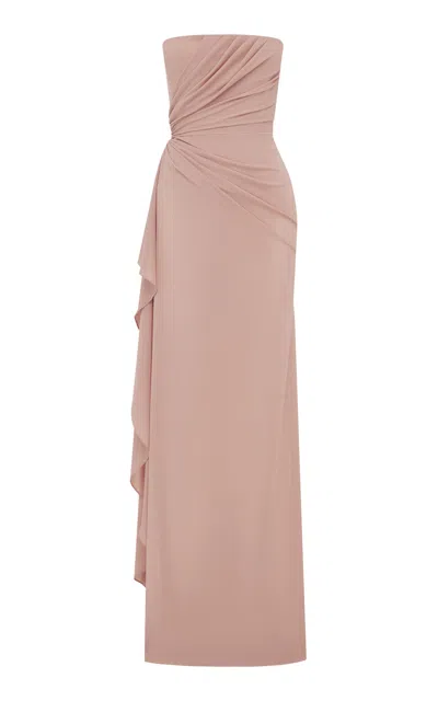 Alex Perry Strapless Draped Powermesh Gown In Brown
