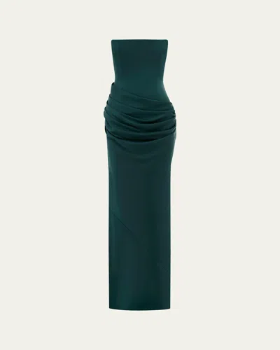 Alex Perry Strapless Draped Satin Crepe Gown In Forest Green