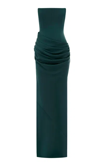 Alex Perry Strapless Draped Satin Crepe Maxi Dress In Dark Green