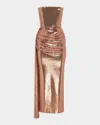 Alex Perry Strapless Draped Sequin Mesh Midi Dress In Gold