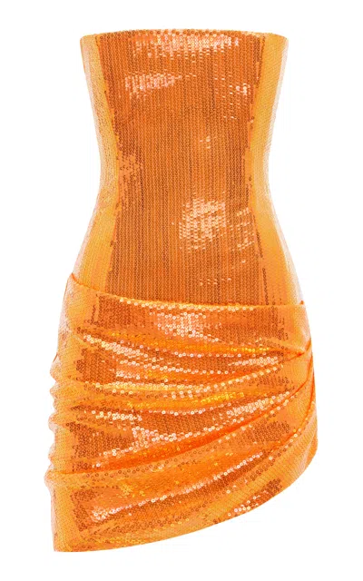 Alex Perry Strapless Draped Sequined Mesh Mini Dress In Orange