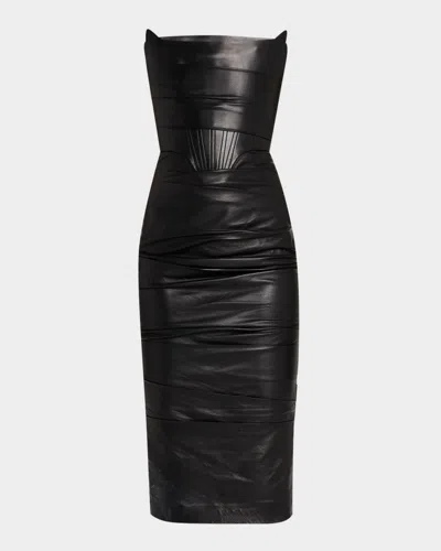Alex Perry Strapless Leather Longline Corset Midi Dress In Black