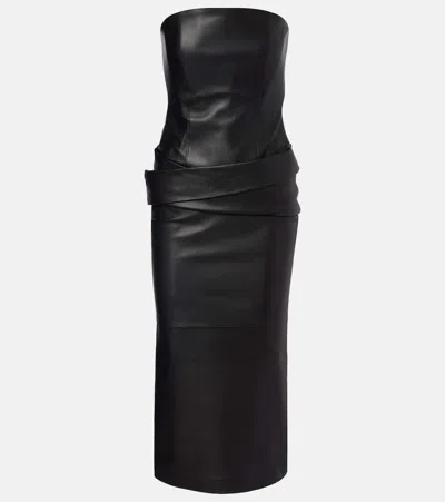 Alex Perry Strapless Leather Midi Dress In Black