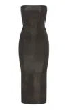 Alex Perry Strapless Leather Midi Dress In Brown