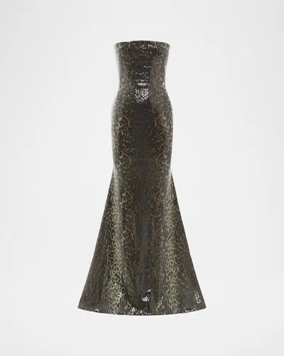 Alex Perry Strapless Leopard-print Sequined Longline Trumpet Gown In Green