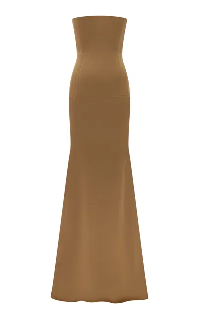 Alex Perry Strapless Longline Satin Crepe Gown In Brown