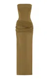 Alex Perry Strapless Power Mesh Maxi Dress In Khaki