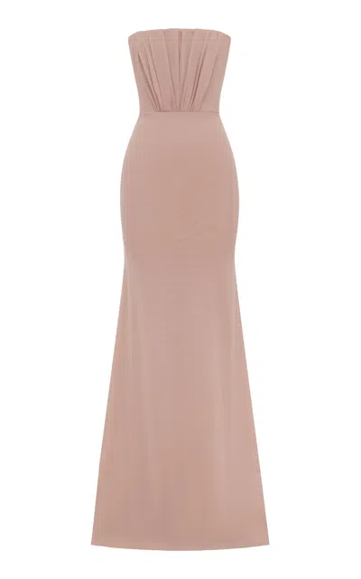 Alex Perry Strapless Ruched Powermesh Gown In Pink