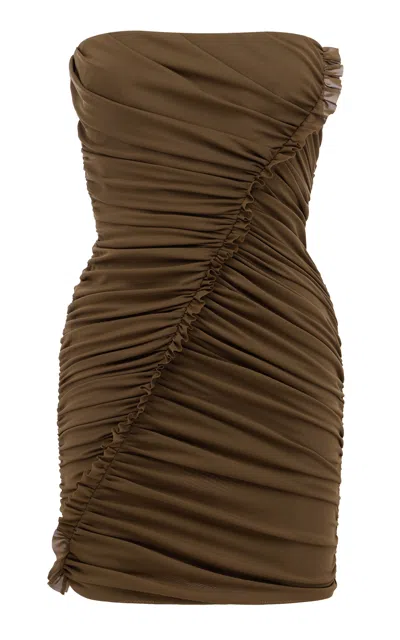 Alex Perry Strapless Ruffle Powermesh Mini Dress In Brown