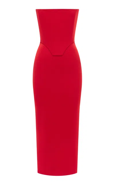 Alex Perry Strapless Satin Crepe Corset Midi Dress In Red