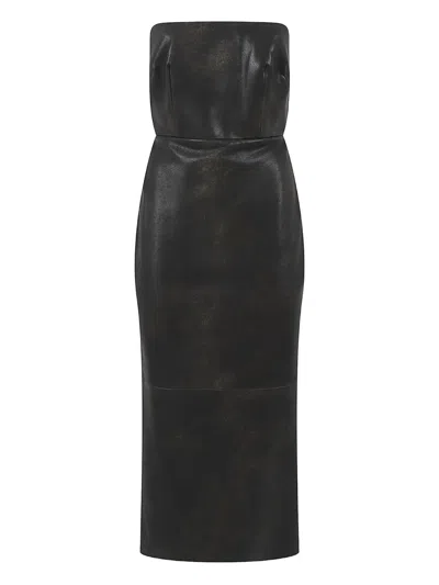 ALEX PERRY STRAPLESS SPLIT LEATHER MIDI DRESS