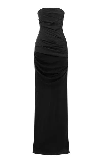 Alex Perry Strapless Tucked Column Taffeta Georgette Maxi Dress In Black