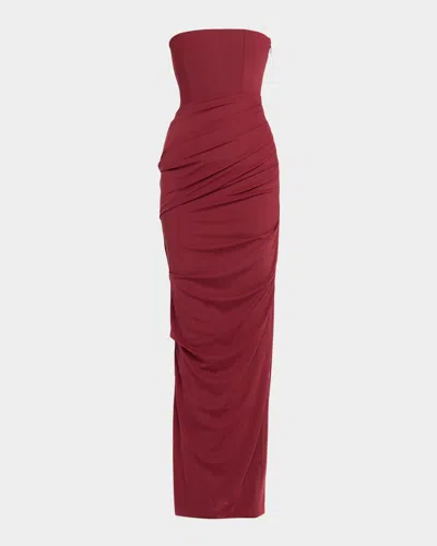 Alex Perry Strapless Tucked Stretch Mesh Column Gown In Red
