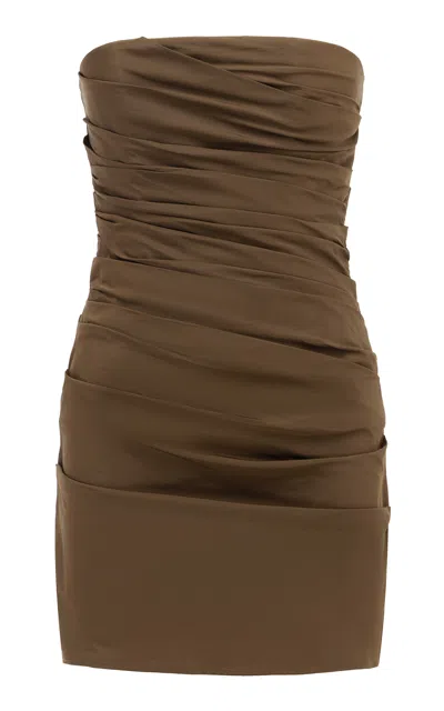 Alex Perry Strapless Tucked  Taffeta Mini Dress In Brown