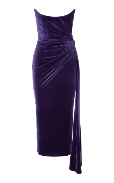 Alex Perry Strapless Twisted Velvet Midi Dress In Purple