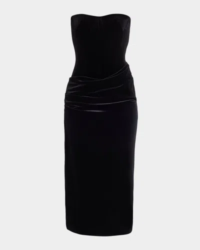 Alex Perry Strapless Velvet Draped Bustier Midi Dress In Black