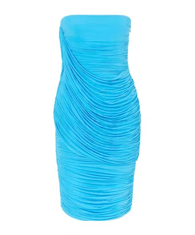 Alex Perry Strapless Ruched Draped Stretch-jersey Midi Dress In Blue