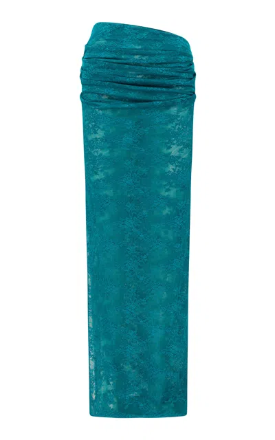 Alex Perry Tucked Sheer Stretch Lace Maxi Column Skirt In Blue