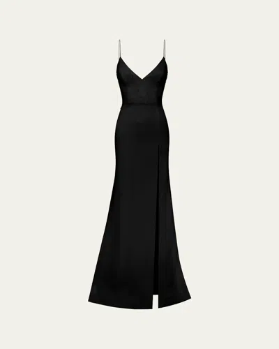 Alex Perry V-neck Sleeveless Lace-trim Satin Crepe Trumpet Gown In Black