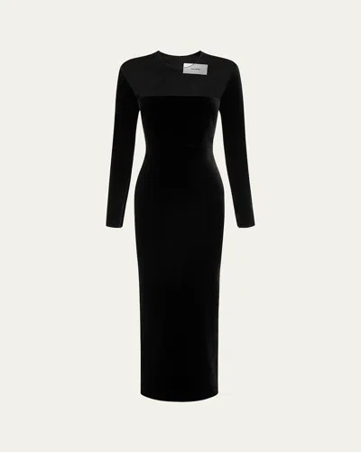 Alex Perry Velvet Long Sleeve Dress With Contrast Mesh Panel In Black