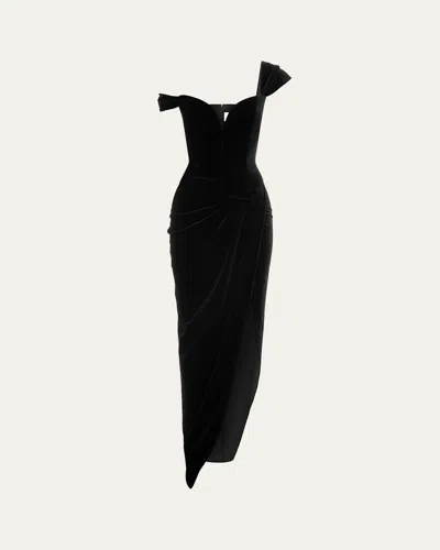 Alex Perry Velvet Off-shoulder Corset Drape Front Gown In Black