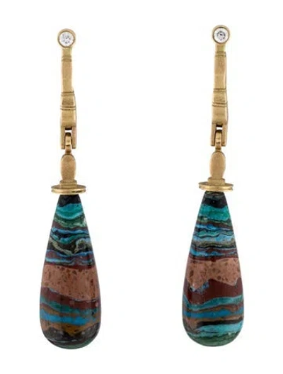 Pre-owned Alex Sepkus 18k Diamond Calsilica Rainbow Silica Sticks And Stones Earrings In Black/blue/brown