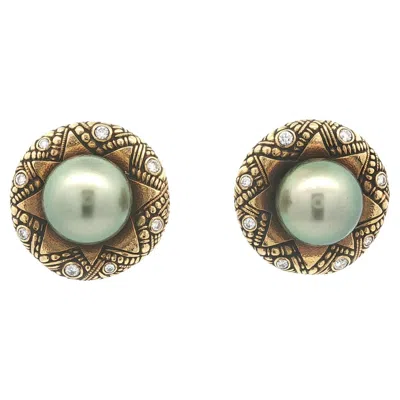 Pre-owned Alex Sepkus 18k Gold 10.5mm Tahitian Pearl W/ Diamond Detailed Button Earrings In Multi