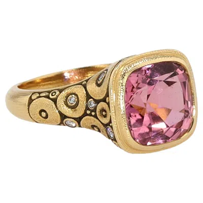 Pre-owned Alex Sepkus 18k Yellow Gold Orchard Cushion Pink Tourmaline & Diamond Ring
