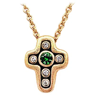 Pre-owned Alex Sepkus "cross" Pendant Necklace With Tsavorite Garnet And Diamonds In Gold In Multi