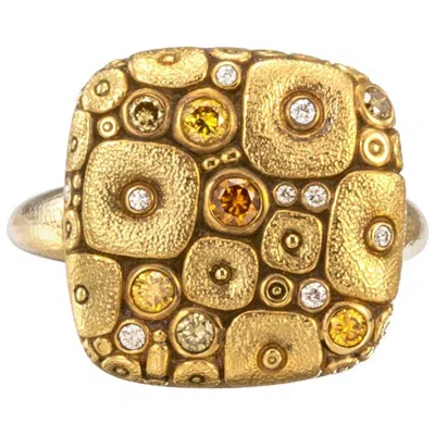 Pre-owned Alex Sepkus "cushion" Ring With Yellow And White Diamonds In 18 Karat Gold
