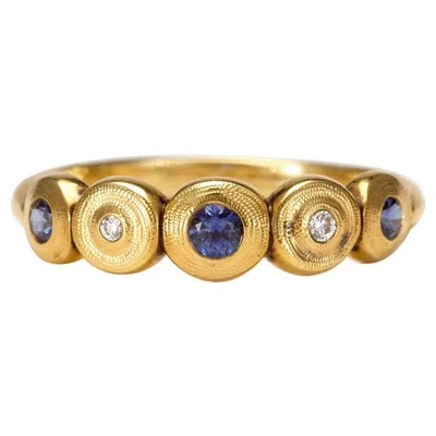Pre-owned Alex Sepkus "five Seed" Dome Ring With Blue Sapphire And Diamonds In 18k Gold