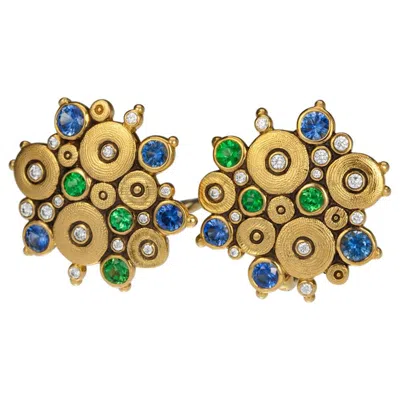 Pre-owned Alex Sepkus Ocean Earrings With Blue Sapphires And Green Tsavorites In Gold