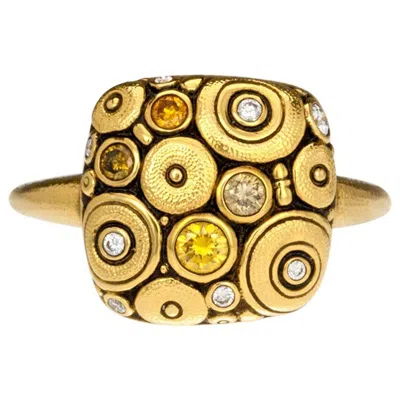 Pre-owned Alex Sepkus "orchard" Cushion Ring With Yellow And White Diamonds In Gold