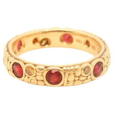 Pre-owned Alex Sepkus Signed  18k Gold, Yellow Diamond, & Garnet Engraved Band Ring