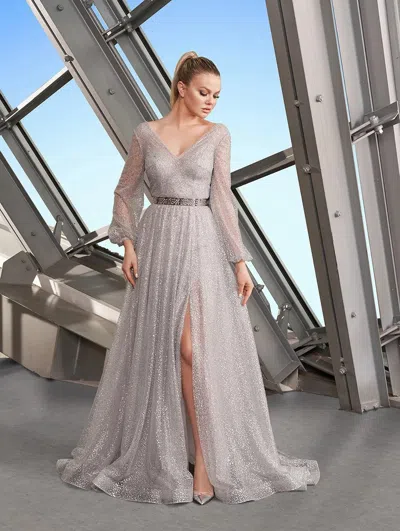 Alexander By Daymor 1182 Long Slit Formal Glitter Dress In Silver