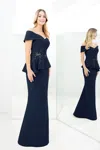 Alexander By Daymor 1350 Long Formal Beaded Applique Peplum Evening Dress In Blue