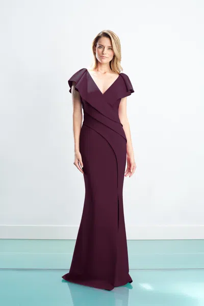 Alexander By Daymor 1456 Long Slit Formal Ruffle Pleated Evening Dress In Burgundy