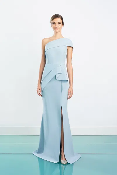 Alexander By Daymor 1463 Long Ruffle Slit Formal Evening Dress In Blue