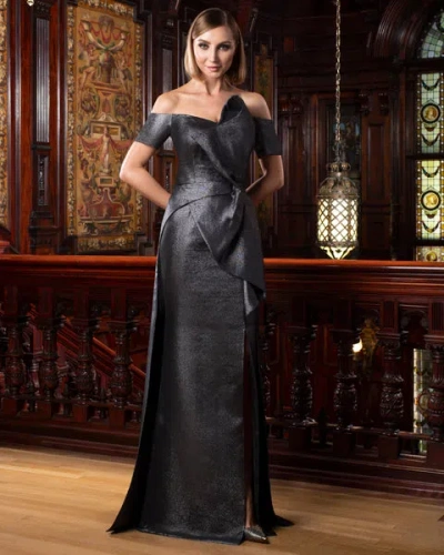 Alexander By Daymor 1580 A Line  Long Formal Metallic Slit Evening Dress In Gray