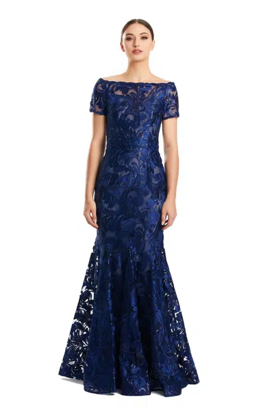 Alexander By Daymor 1859f23 Long Formal Sequin Lace Applique Evening Dress In Blue