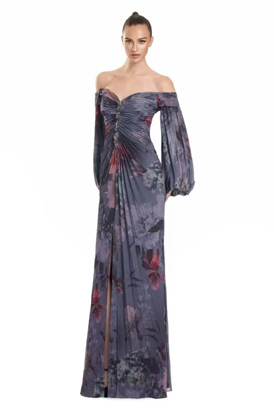 Alexander By Daymor 3146f25 A Line Formal Long Slit Pleated Floral Dress In Gray