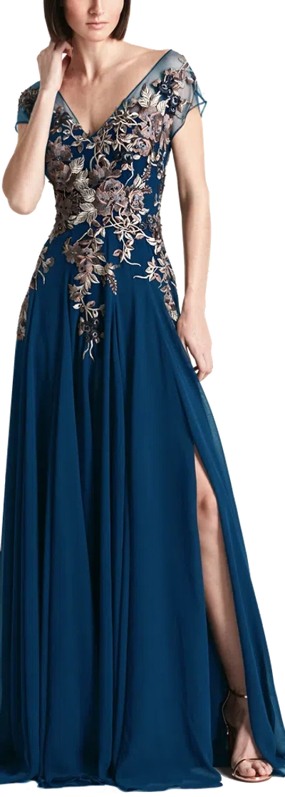 Alexander By Daymor 758 Long Slit Formal A Line Evening Dress In Blue