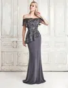 Alexander By Daymor 773 Long Formal Tiered Peplum Evening Dress In Gray